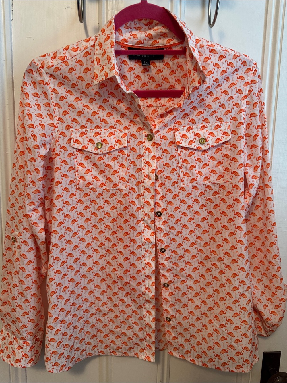 Jones New York White Flamingo Print Button Down Shirt